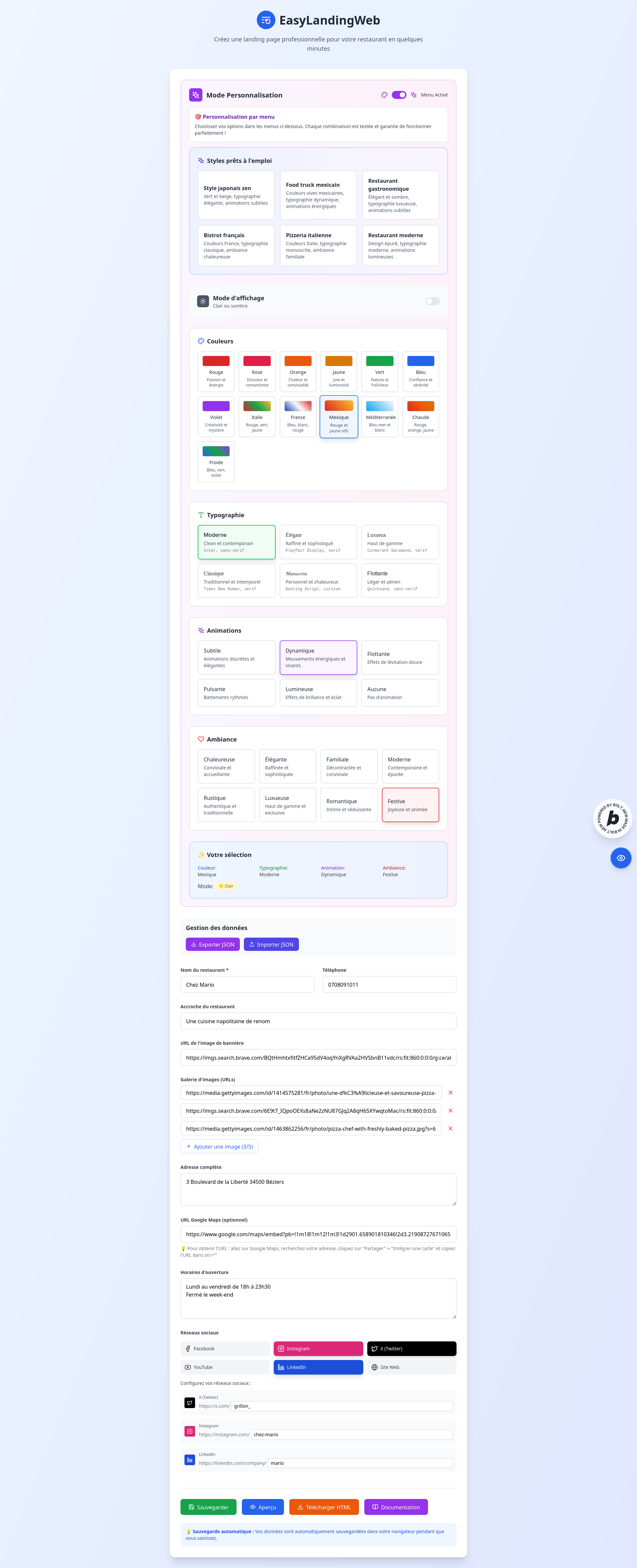 Personnalisation – Menu d'entrée (food truck)
