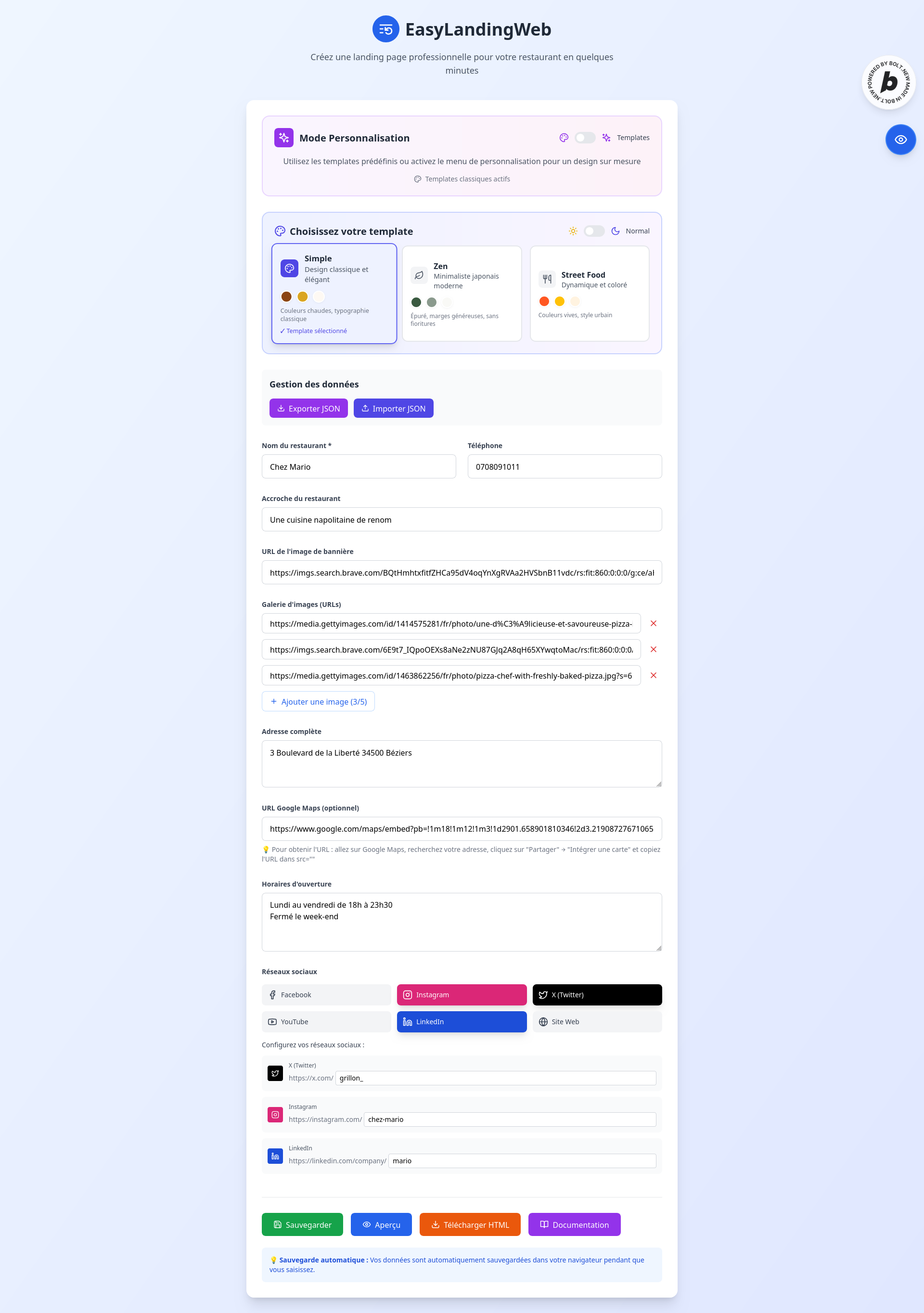 Template Simple – Vue formulaire